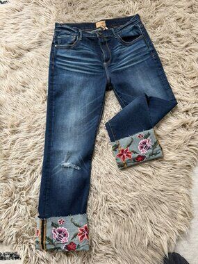 Driftwood Colette Mid Rise Embroidered Cuffed Straight Leg Jeans W29 L26